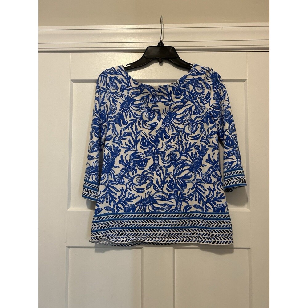 Lilly Pulitzer Waverly Top Lobster On A Roll Women Small Blue White 3/4 Sleeve